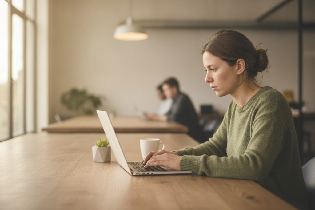 Woman in a green jumper working on a laptop at a shared office table with natural light from large windows