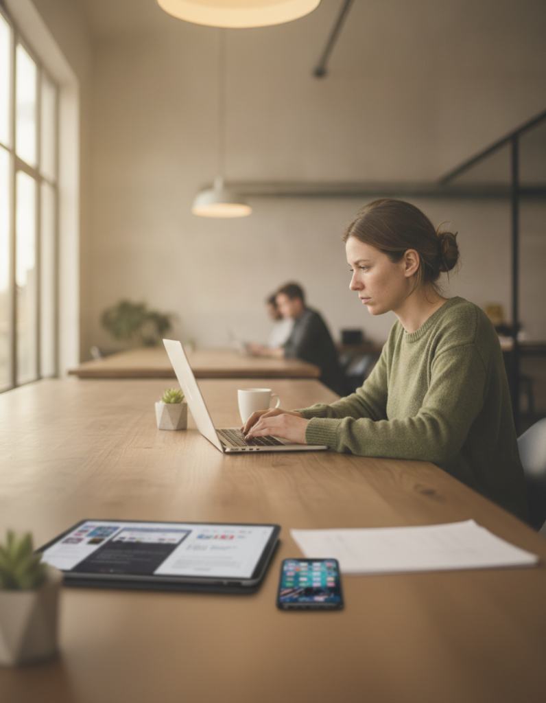 Person in a green jumper working on a laptop in a modern co-working space with coffee on the desk